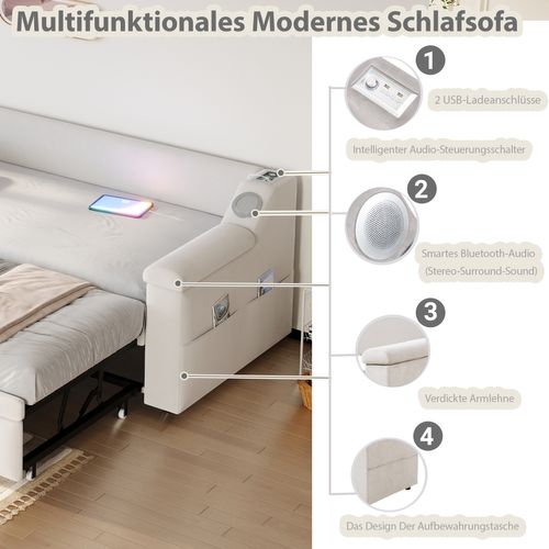 Lit Gigogne 90/180x190 Cm Avec Bluetooth, USB Et Rangements, Tissu Velours Beige