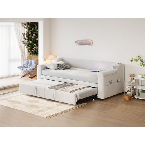 Lit Gigogne 90/180x190 Cm Avec Bluetooth, USB Et Rangements, Tissu Velours Beige