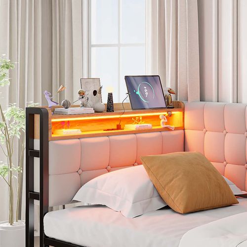 Lit enfant 90x200 Cm Avec LED, 2 Tiroirs, USB/type-c, Tissu Beige