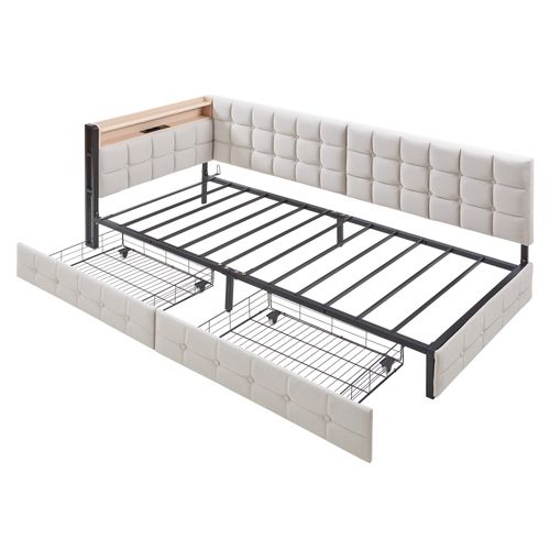 Lit enfant 90x200 Cm Avec LED, 2 Tiroirs, USB/type-c, Tissu Beige