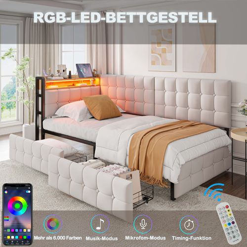 Lit enfant 90x200 Cm Avec LED, 2 Tiroirs, USB/type-c, Tissu Beige