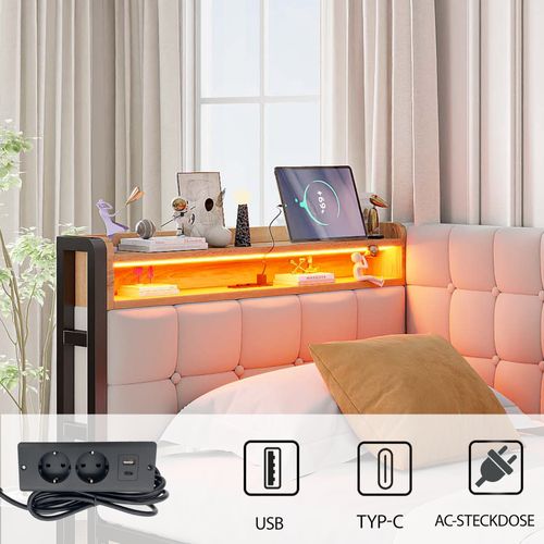 Lit enfant 90x200 Cm Avec LED, 2 Tiroirs, USB/type-c, Tissu Beige