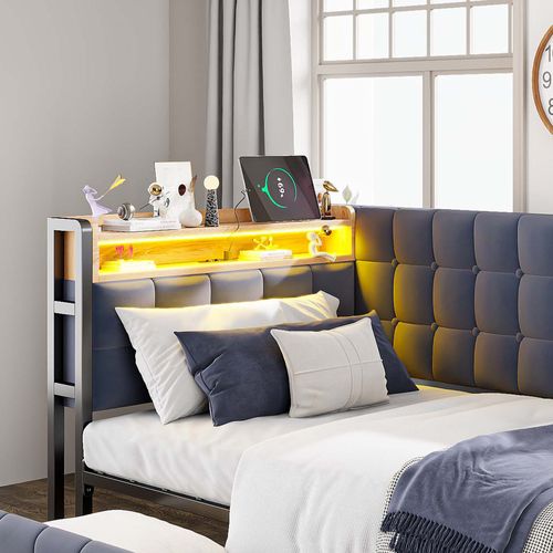 Lit Enfant 90x200 Cm Avec LED, 2 Tiroirs, USB/type-c, Tissu Gris Foncé