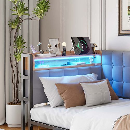 Canapé-lit 90x200 Cm Avec LED, 2 Tiroirs, USB/type-c, Tissu Gris Clair