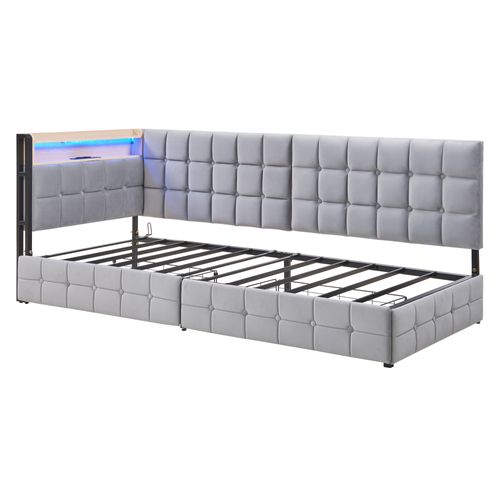 Canapé-lit 90x200 Cm Avec LED, 2 Tiroirs, USB/type-c, Tissu Gris Clair
