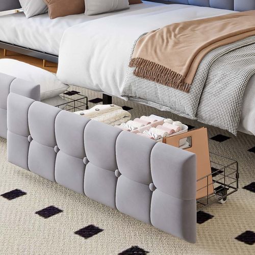 Canapé-lit 90x200 Cm Avec LED, 2 Tiroirs, USB/type-c, Tissu Gris Clair