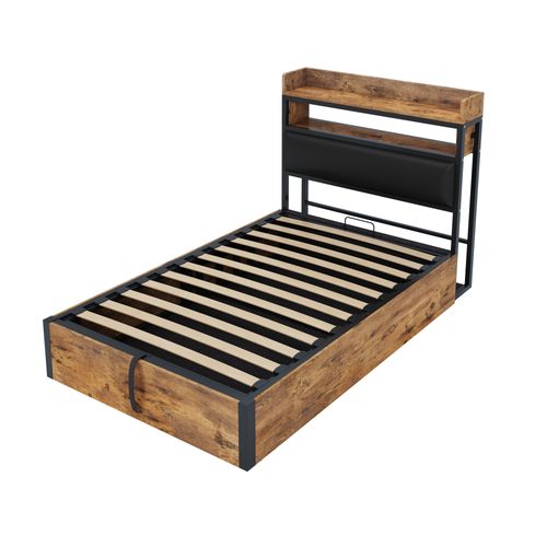 Lit 90x200 Cm Avec Rangement Hydraulique, Ports USB Et Tête De Lit Rembourrée, Noir