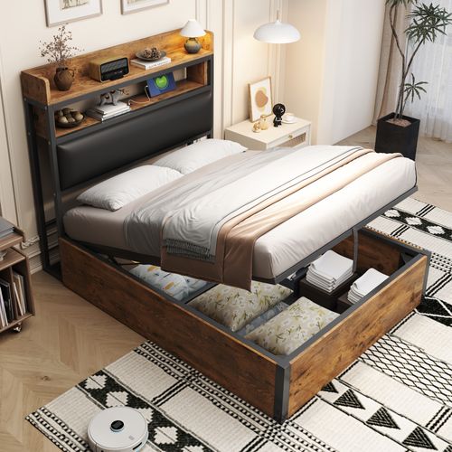 Lit 90x200 Cm Avec Rangement Hydraulique, Ports USB Et Tête De Lit Rembourrée, Noir