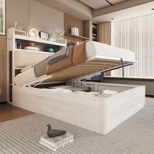 Lit 90x200 Cm Avec Rangement Hydraulique, Ports USB Et Tête De Lit Rembourrée, Blanc