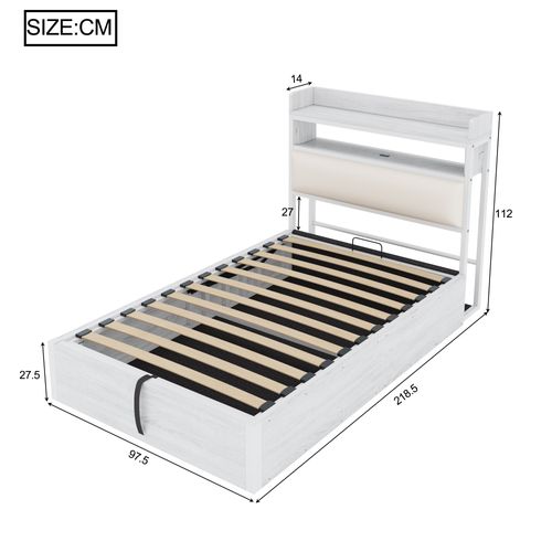 Lit 90x200 Cm Avec Rangement Hydraulique, Ports USB Et Tête De Lit Rembourrée, Blanc