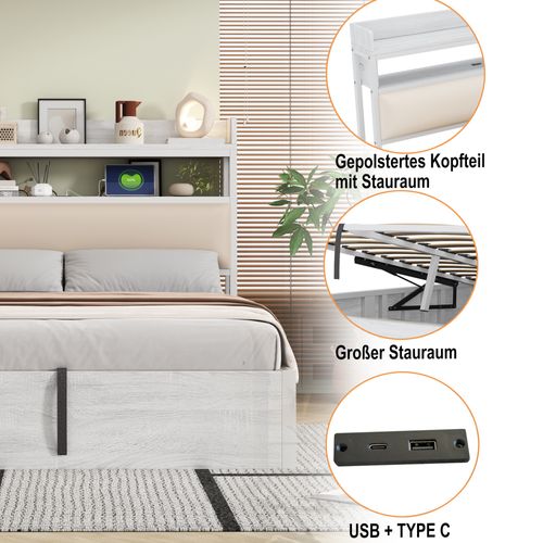 Lit 90x200 Cm Avec Rangement Hydraulique, Ports USB Et Tête De Lit Rembourrée, Blanc