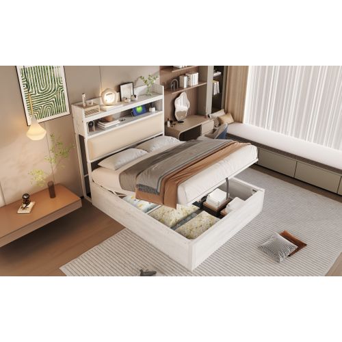 Lit 90x200 Cm Avec Rangement Hydraulique, Ports USB Et Tête De Lit Rembourrée, Blanc