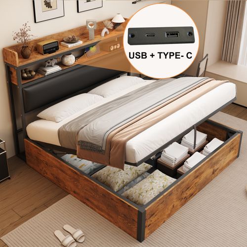 Lit 180x200 Cm Avec Rangement Hydraulique, Ports USB Et Tête De Lit Rembourrée, Noir