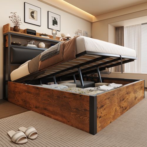 Lit 180x200 Cm Avec Rangement Hydraulique, Ports USB Et Tête De Lit Rembourrée, Noir