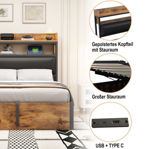 Lit 180x200 Cm Avec Rangement Hydraulique, Ports USB Et Tête De Lit Rembourrée, Noir