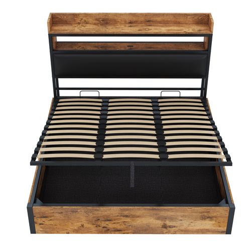 Lit 180x200 Cm Avec Rangement Hydraulique, Ports USB Et Tête De Lit Rembourrée, Noir