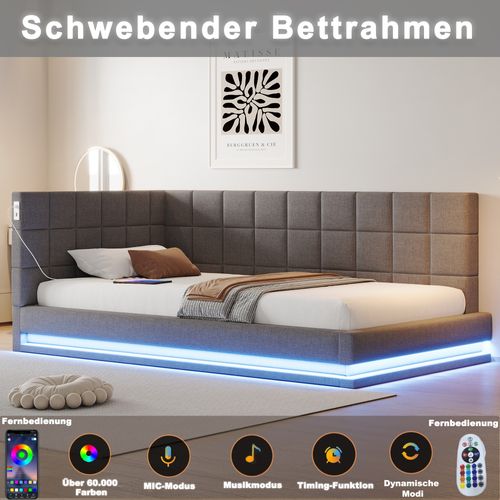 Lit Banquette 90x200 Cm En Velours Avec LED, Port USB Et Sommier Intégré, Gris