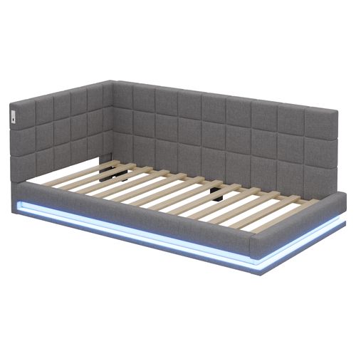 Lit Banquette 90x200 Cm En Velours Avec LED, Port USB Et Sommier Intégré, Gris