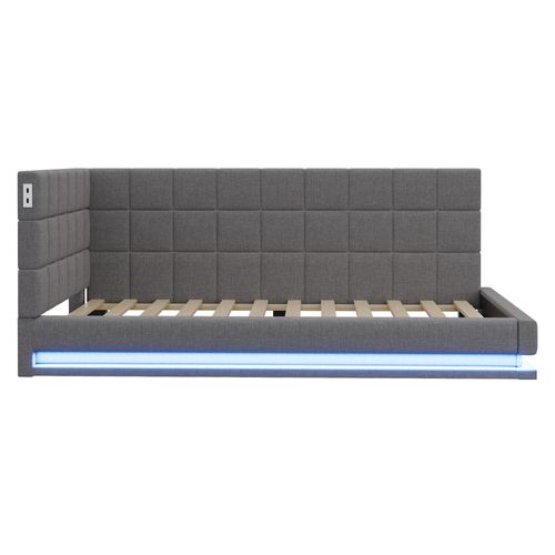 Lit Banquette 90x200 Cm En Velours Avec LED, Port USB Et Sommier Intégré, Gris