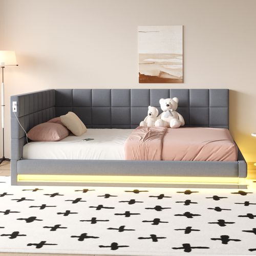 Lit Banquette 160x200 Cm En Velours Avec LED, Port USB Et Sommier Intégré, Gris