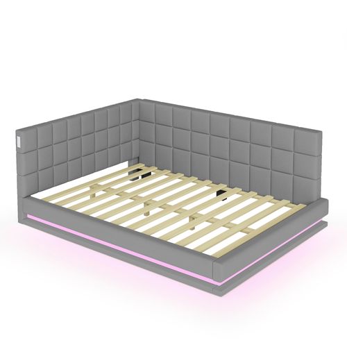 Lit Banquette 160x200 Cm En Velours Avec LED, Port USB Et Sommier Intégré, Gris