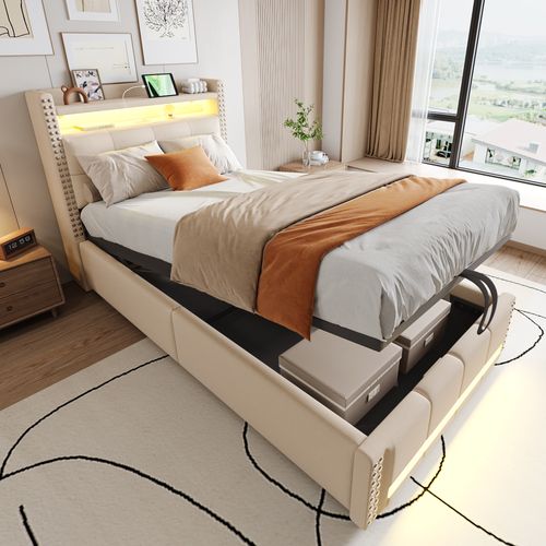 Lit Enfant 90x200 Cm En Tissu Avec LED, Port USB Et Rangement Hydraulique, Beige