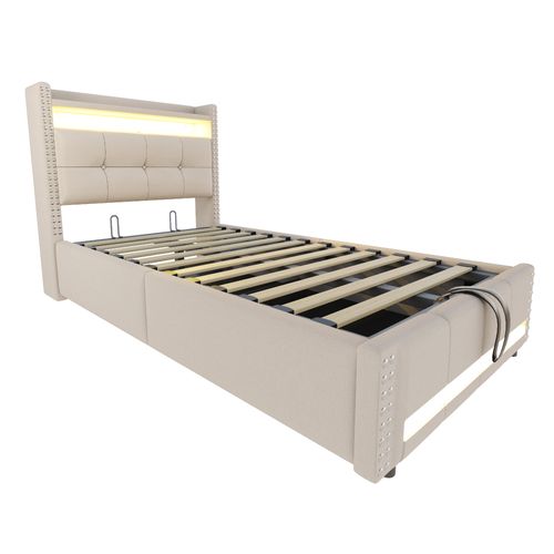 Lit Enfant 90x200 Cm En Tissu Avec LED, Port USB Et Rangement Hydraulique, Beige