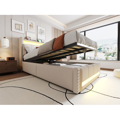 Lit Enfant 90x200 Cm En Tissu Avec LED, Port USB Et Rangement Hydraulique, Beige