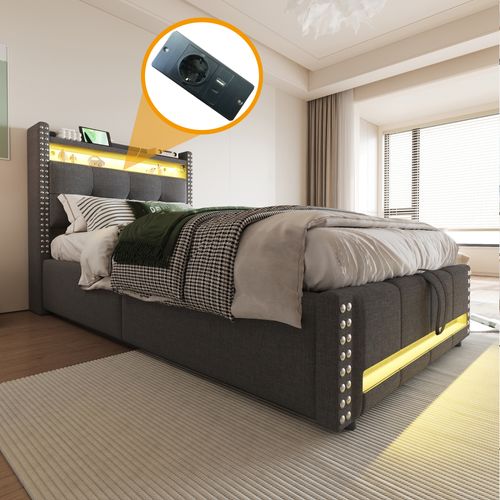 Lit Enfant 90x200 Cm En Tissu Avec LED, Port USB Et Rangement Hydraulique, Gris