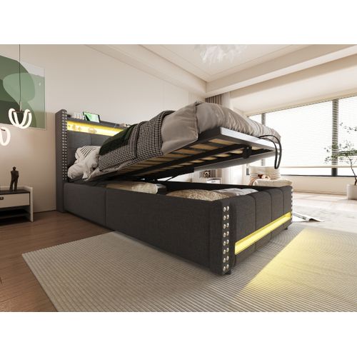 Lit Enfant 90x200 Cm En Tissu Avec LED, Port USB Et Rangement Hydraulique, Gris