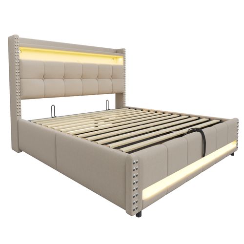 Lit 180x200 Cm En Tissu Avec LED, Port USB Et Rangement Hydraulique, Beige