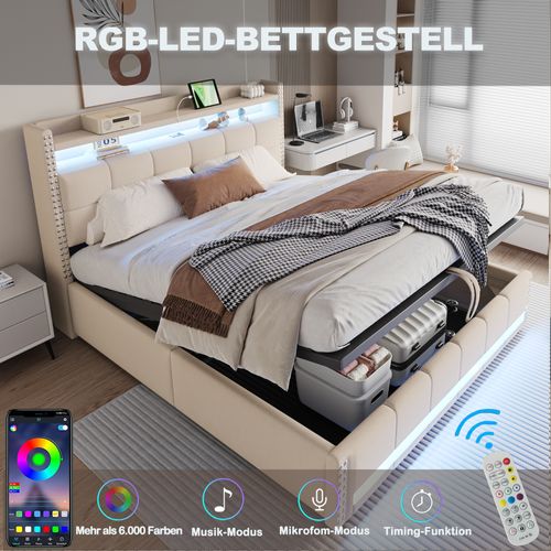 Lit 180x200 Cm En Tissu Avec LED, Port USB Et Rangement Hydraulique, Beige