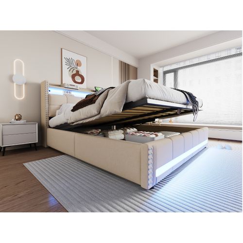 Lit 180x200 Cm En Tissu Avec LED, Port USB Et Rangement Hydraulique, Beige