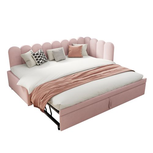 Lit gigogne 90x200 Cm En Velours Beige, Extensible 180x200 Cm, Avec Dossier Et Sommier, Rose
