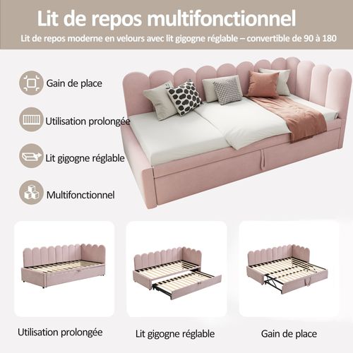 Lit gigogne 90x200 Cm En Velours Beige, Extensible 180x200 Cm, Avec Dossier Et Sommier, Rose