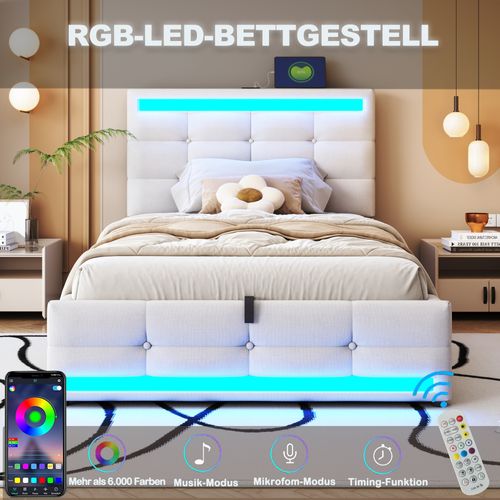 Lit Enfant 90x200 Cm Avec Rangement Hydraulique, LED Rgb Et Ports USB, Tissu Lin Beige