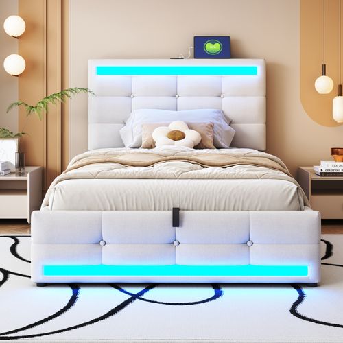 Lit Enfant 90x200 Cm Avec Rangement Hydraulique, LED Rgb Et Ports USB, Tissu Lin Beige