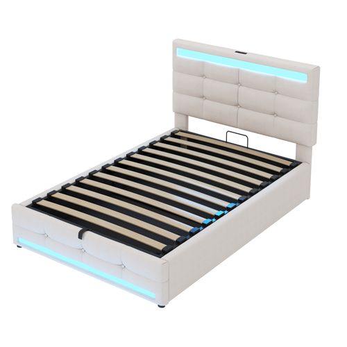 Lit Enfant 90x200 Cm Avec Rangement Hydraulique, LED Rgb Et Ports USB, Tissu Lin Beige