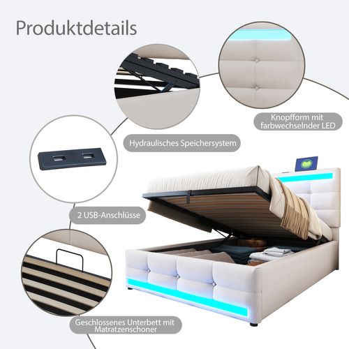 Lit Enfant 90x200 Cm Avec Rangement Hydraulique, LED Rgb Et Ports USB, Tissu Lin Beige