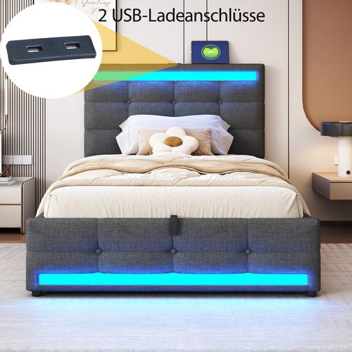 Lit Enfant 90x200 Cm Avec Rangement Hydraulique, LED Rgb Et Ports USB, Tissu Lin Gris