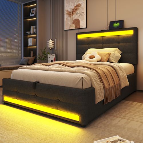 Lit Enfant 90x200 Cm Avec Rangement Hydraulique, LED Rgb Et Ports USB, Tissu Lin Gris