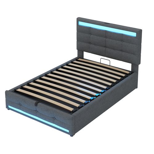 Lit Enfant 90x200 Cm Avec Rangement Hydraulique, LED Rgb Et Ports USB, Tissu Lin Gris