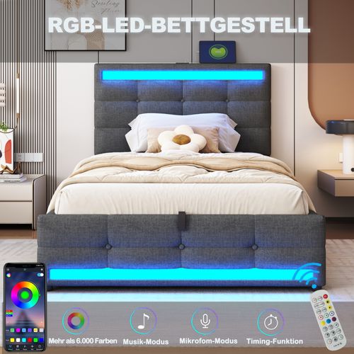 Lit Enfant 90x200 Cm Avec Rangement Hydraulique, LED Rgb Et Ports USB, Tissu Lin Gris