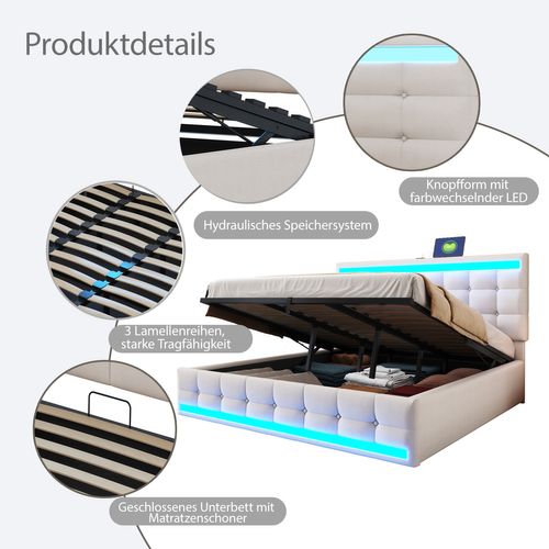 Lit Double 180x200 Cm Avec Rangement Hydraulique, LED Rgb Et Ports USB, Tissu Lin Beige