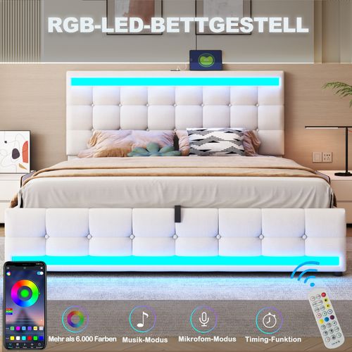 Lit Double 180x200 Cm Avec Rangement Hydraulique, LED Rgb Et Ports USB, Tissu Lin Beige