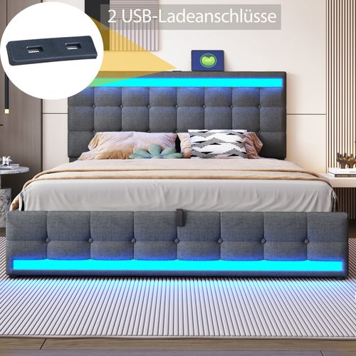Lit Double 180x200 Cm Avec Rangement Hydraulique, LED Rgb Et Ports USB, Tissu Lin Gris