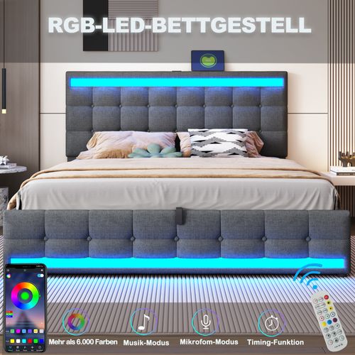 Lit Double 180x200 Cm Avec Rangement Hydraulique, LED Rgb Et Ports USB, Tissu Lin Gris