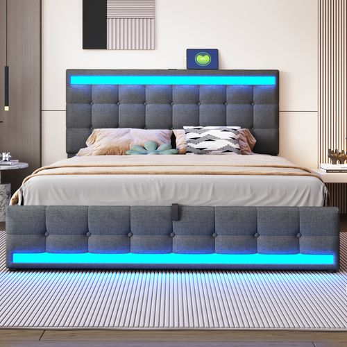 Lit Double 180x200 Cm Avec Rangement Hydraulique, LED Rgb Et Ports USB, Tissu Lin Gris