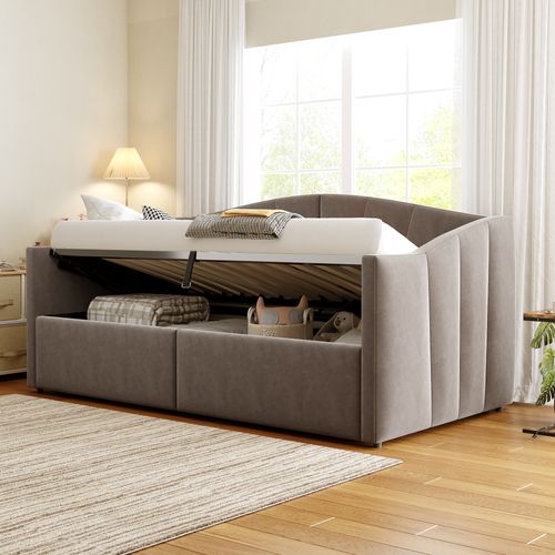 Lit Enfant 90x200 Cm En Velours Gris Foncé, Rangement Hydraulique, Accoudoirs Et Latte Résistante