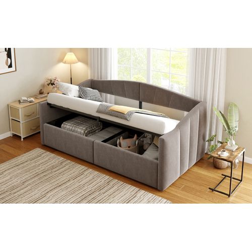 Lit Enfant 90x200 Cm En Velours Gris Foncé, Rangement Hydraulique, Accoudoirs Et Latte Résistante